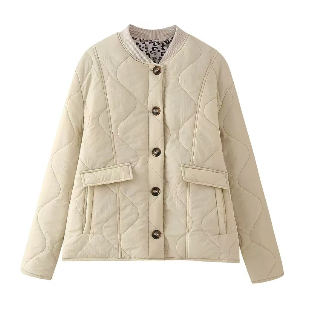 Women's Long Sleeve Round Neck Jacket with Buttons and Pockets