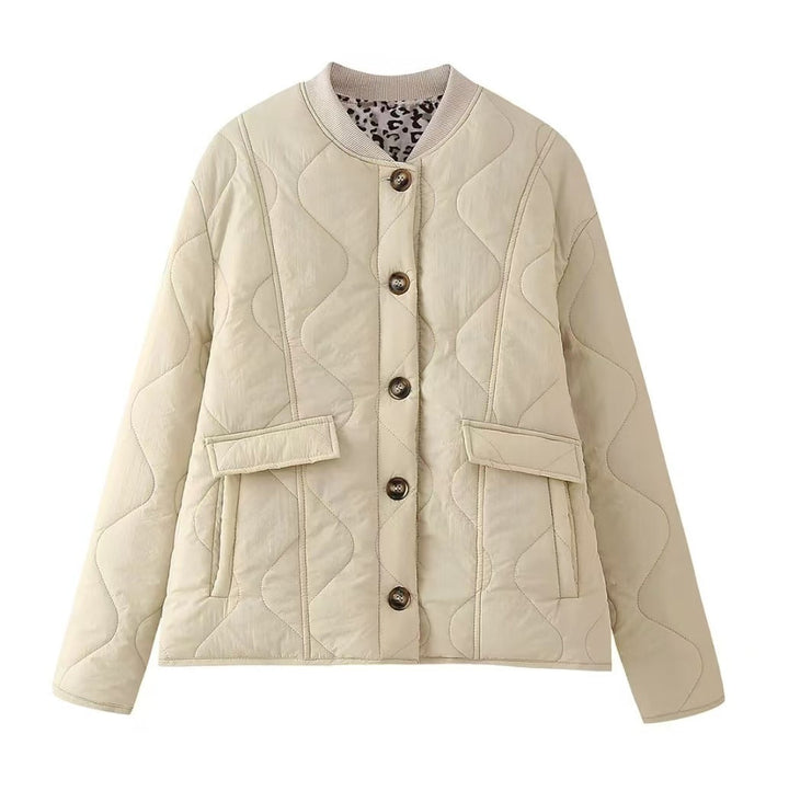Women's Long Sleeve Round Neck Jacket with Buttons and Pockets