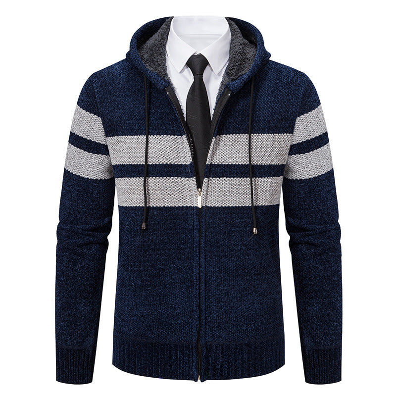 Men's Striped Hooded Jacket with Drawstring and Pockets