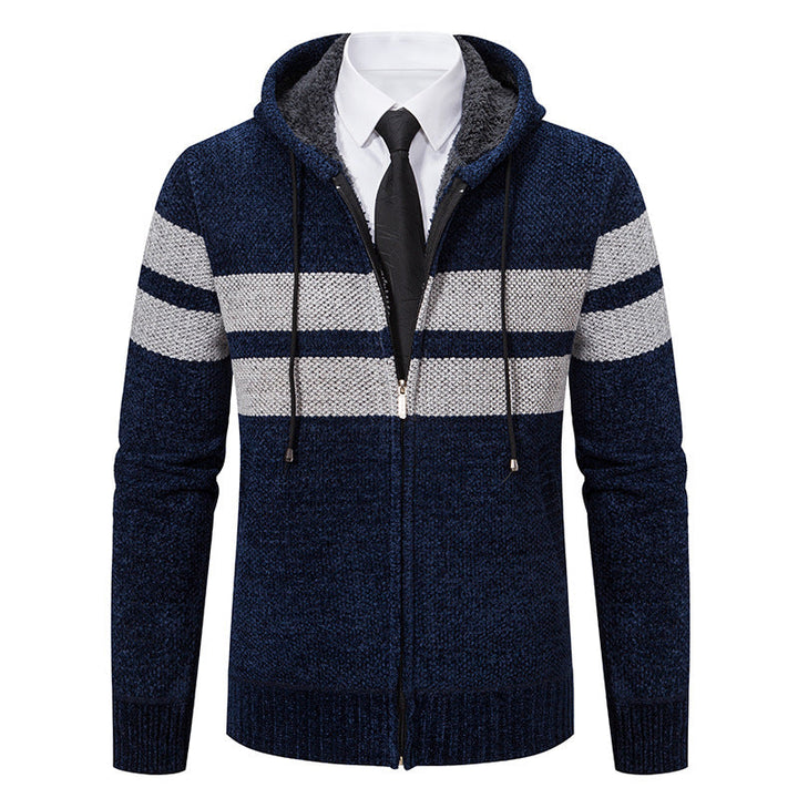 Men's Striped Hooded Jacket with Drawstring and Pockets