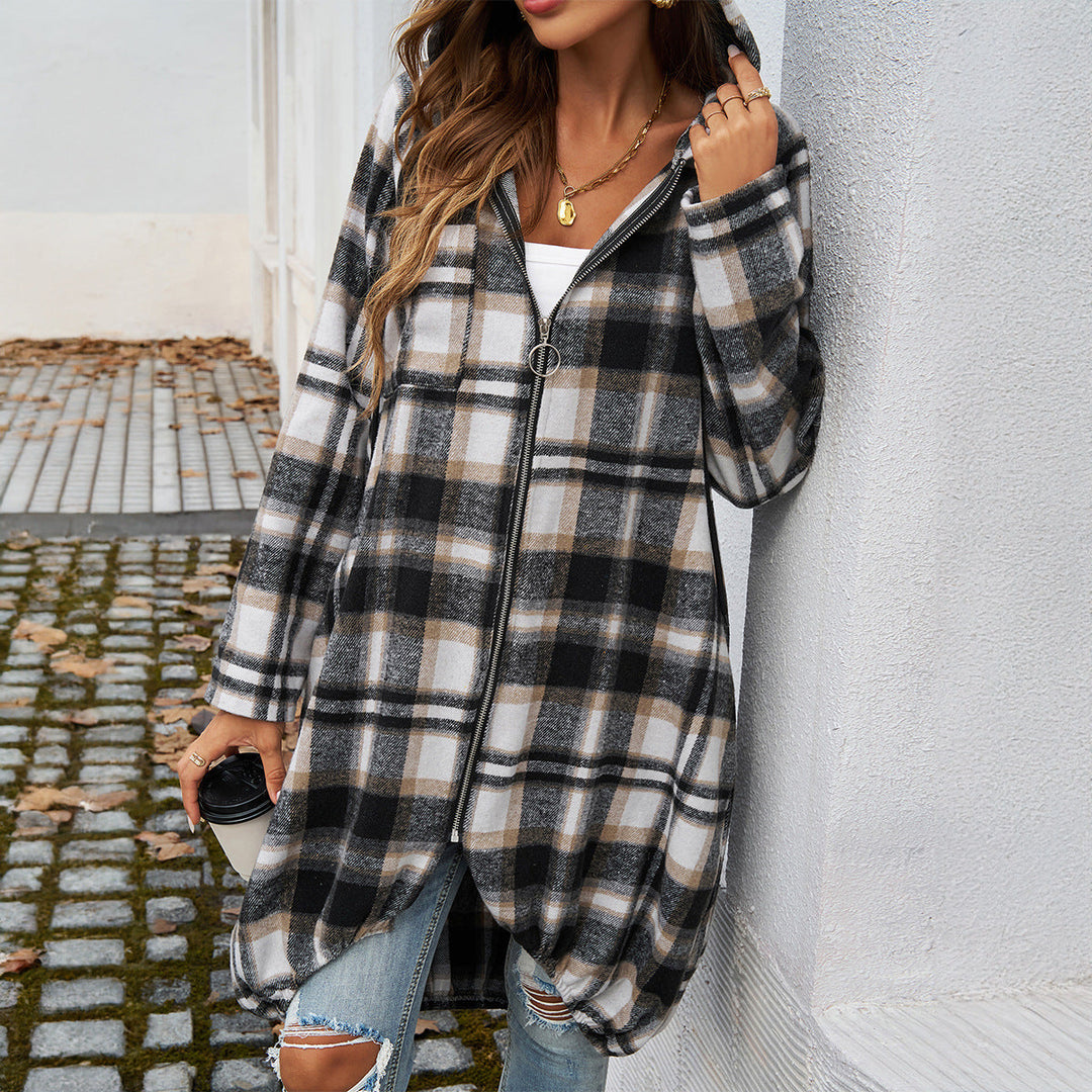 Women's Long Hooded Coat with Check Pattern and Balloon Hem