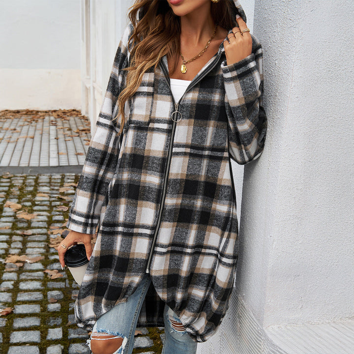 Women's Long Hooded Coat with Check Pattern and Balloon Hem