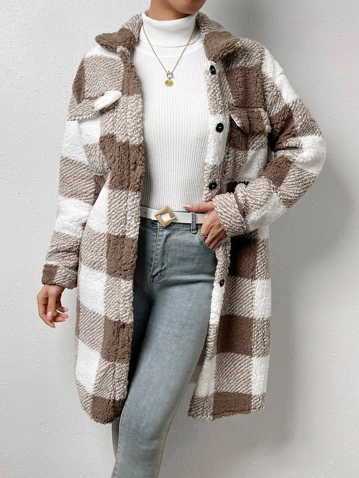 Women's Longline Checked Coat with Pockets
