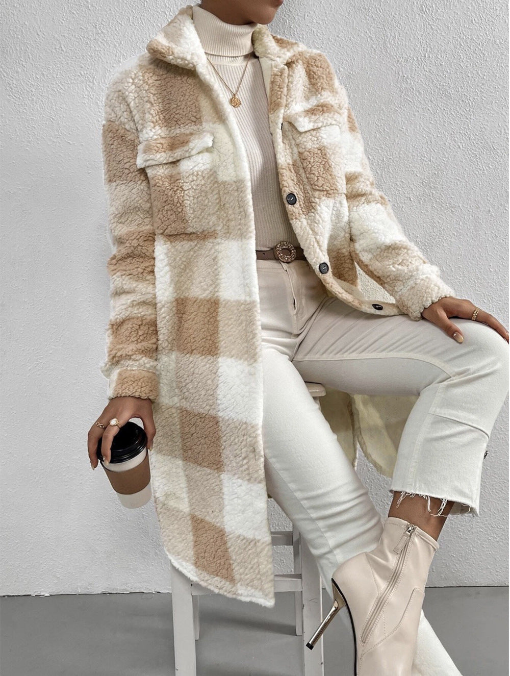 Women's Longline Checked Coat with Pockets