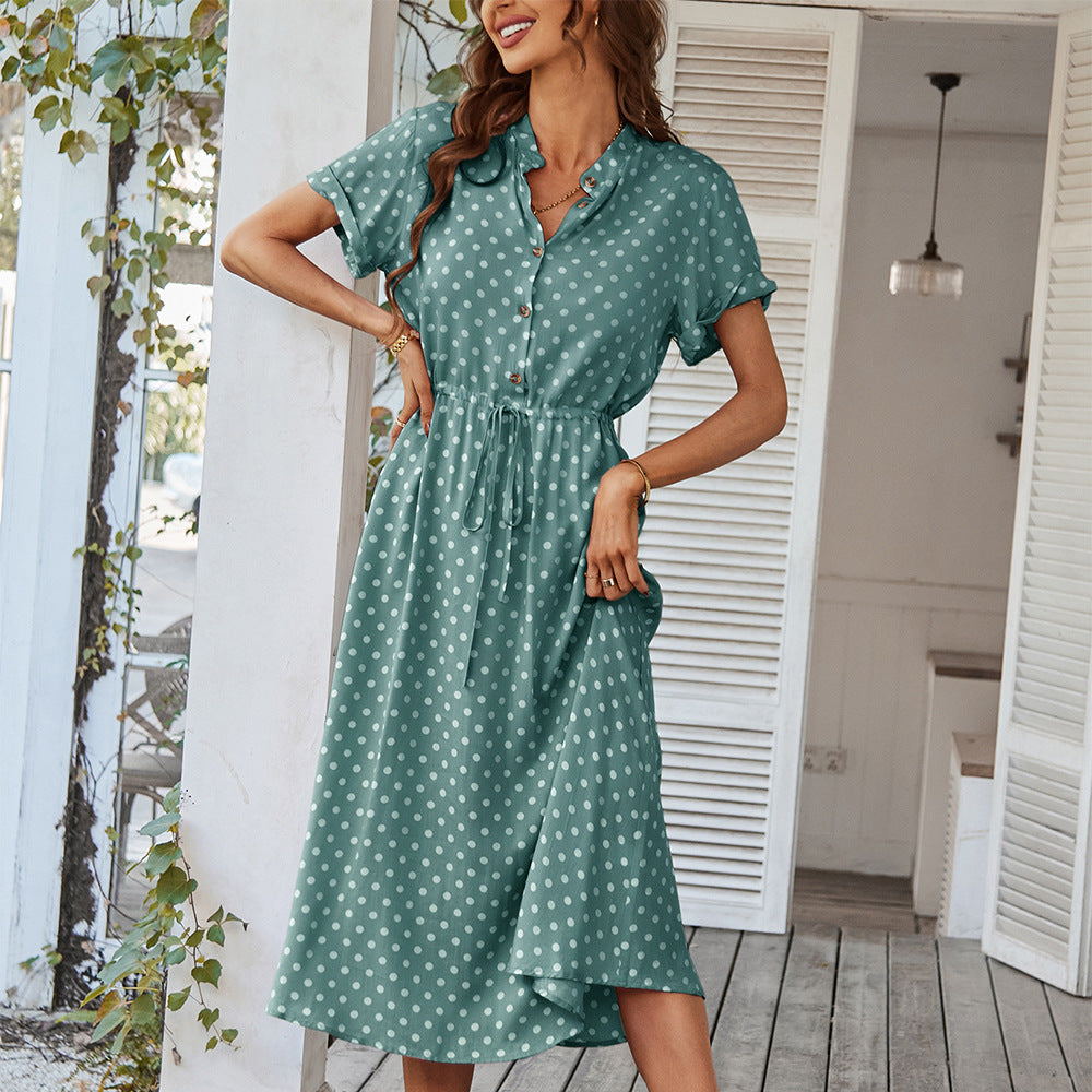 Women's Polka Dot Midi Dress with Buttons and Tie Waist