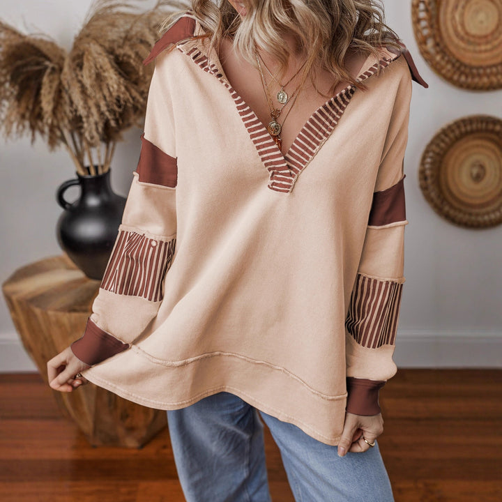 Women's Oversized V-Neck Striped Sweatshirt