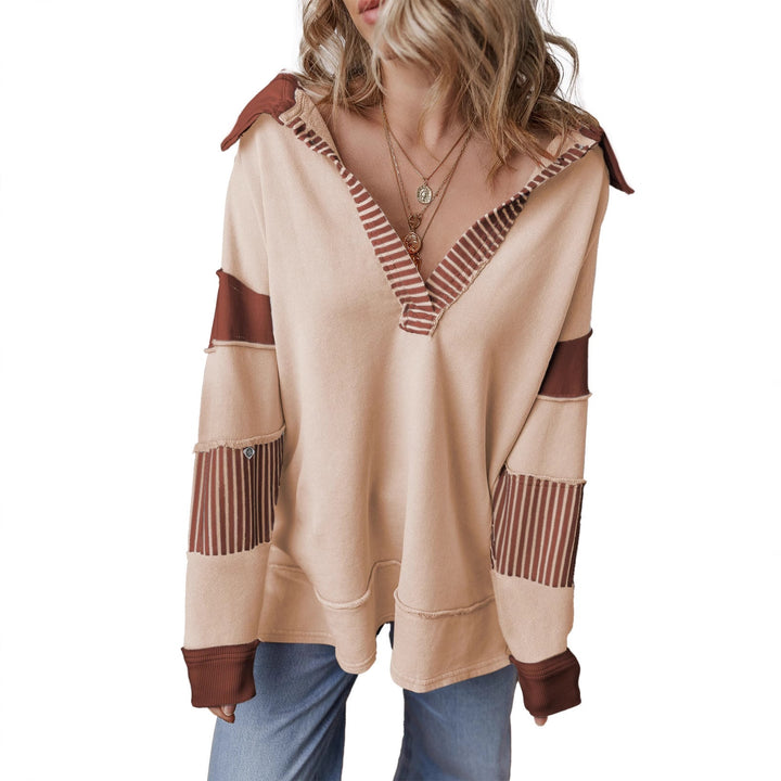 Women's Oversized V-Neck Striped Sweatshirt