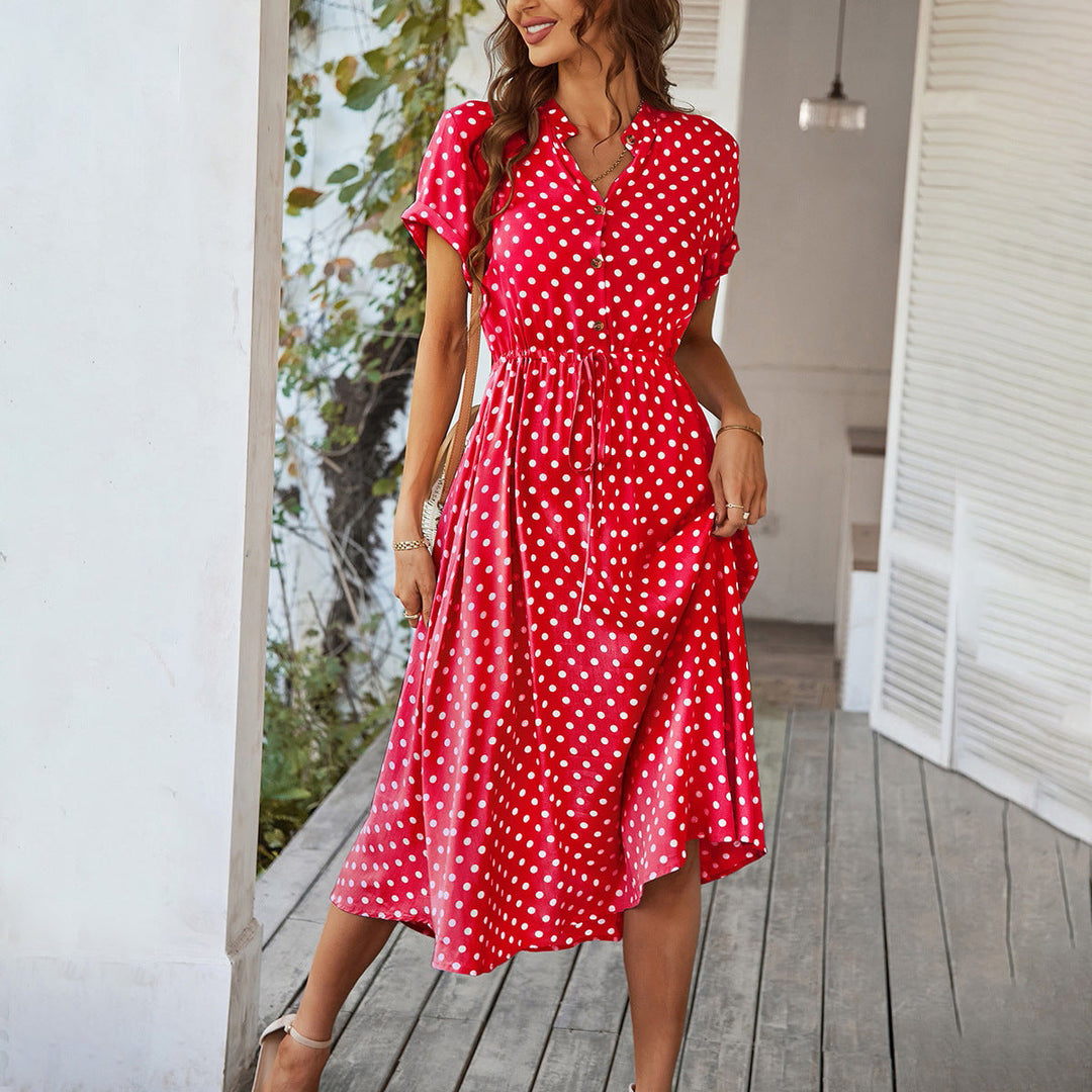Women's Polka Dot Midi Dress with Buttons and Tie Waist
