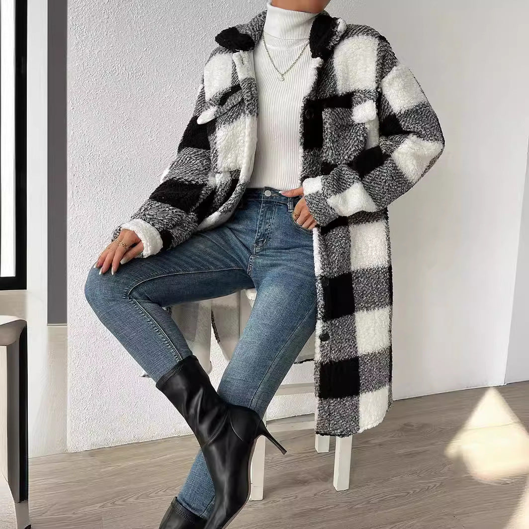 Women's Longline Checked Coat with Pockets