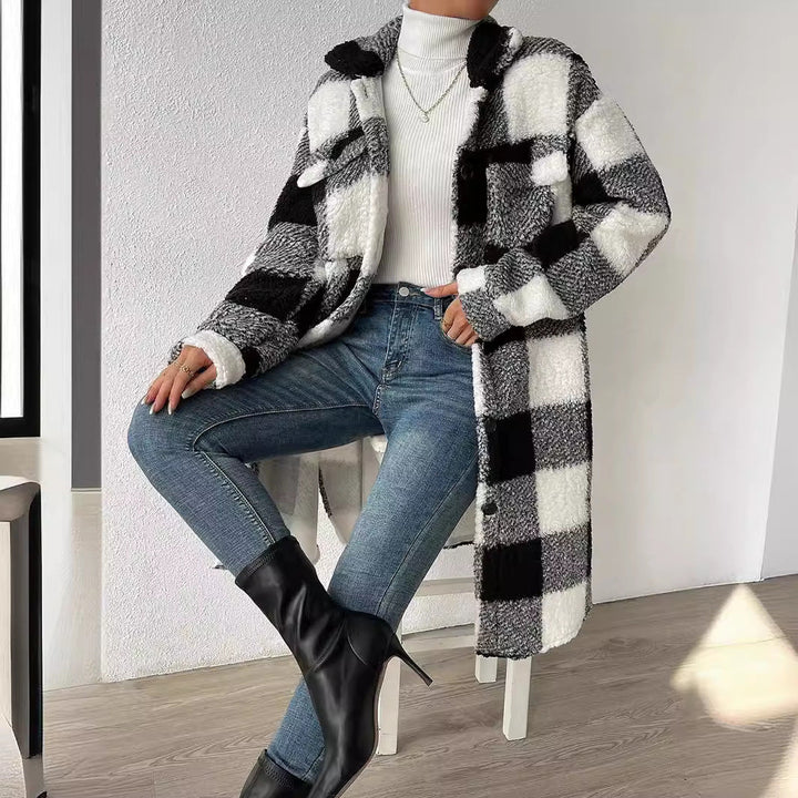 Women's Longline Checked Coat with Pockets