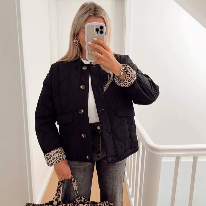 Women's Long Sleeve Round Neck Jacket with Buttons and Pockets