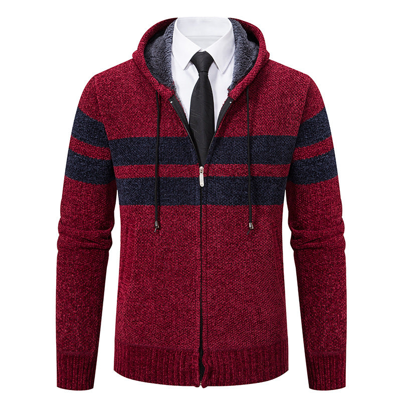 Men's Striped Hooded Jacket with Drawstring and Pockets