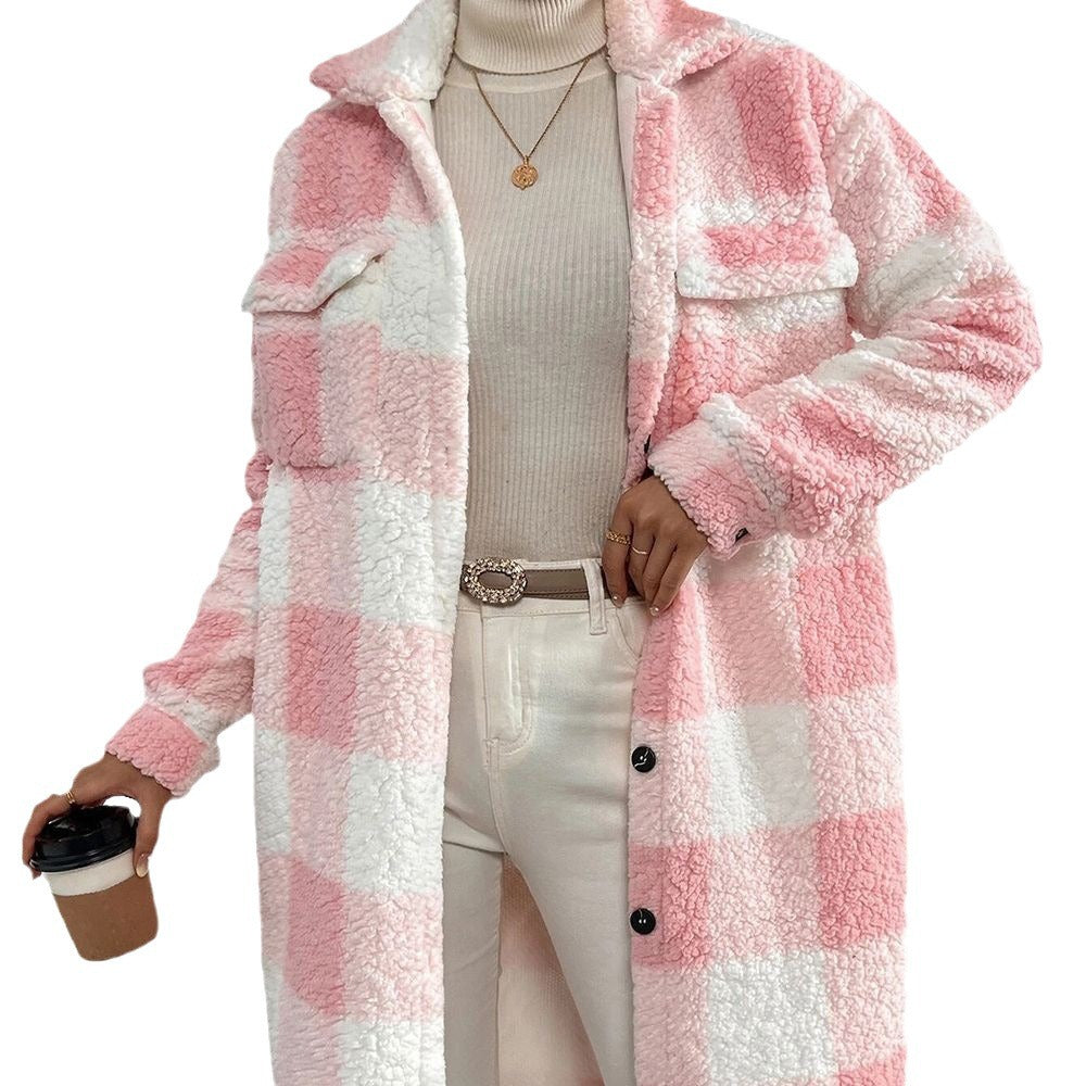 Women's Longline Checked Coat with Pockets