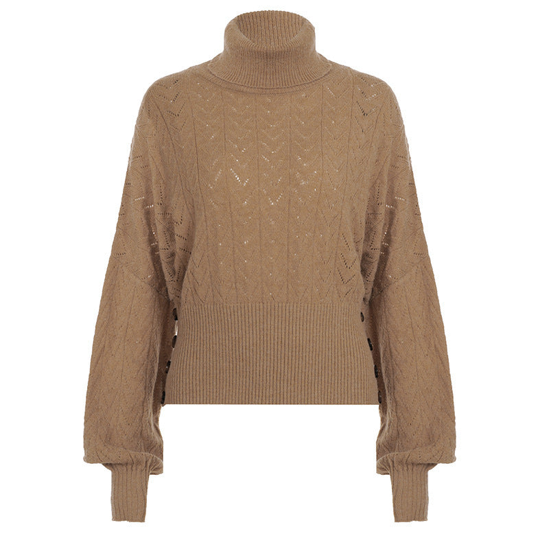 Women's Cropped Long Sleeve Turtleneck Sweater with Buttons