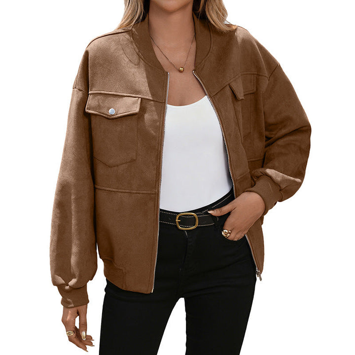 Women's Oversized Long Sleeve Bomber Jacket with Chest Pockets