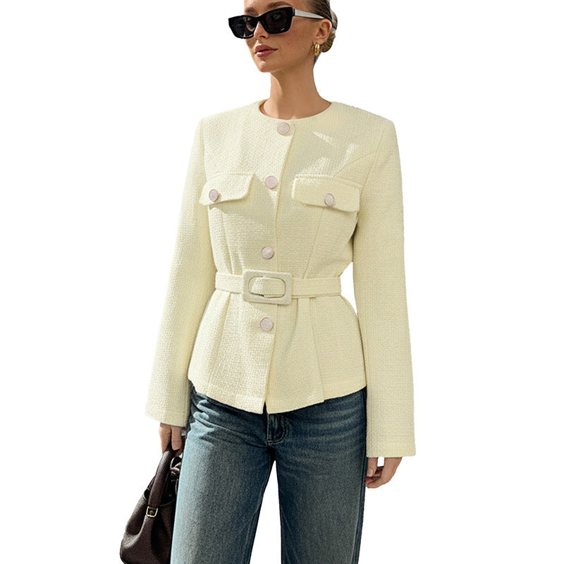 Gesa | Women's Round Neck Long Sleeve Blazer with Belt and Pockets