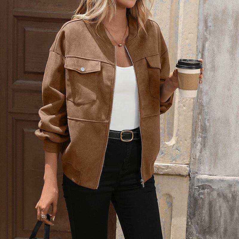 Women's Oversized Long Sleeve Bomber Jacket with Chest Pockets