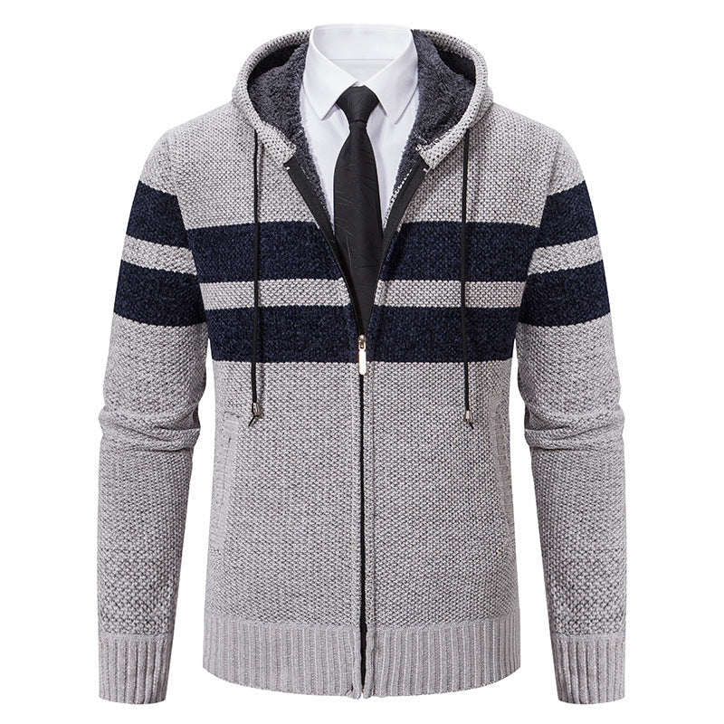 Men's Striped Hooded Jacket with Drawstring and Pockets