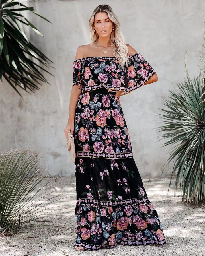 Oceana - Printed Lace-Up Waist Long Dress