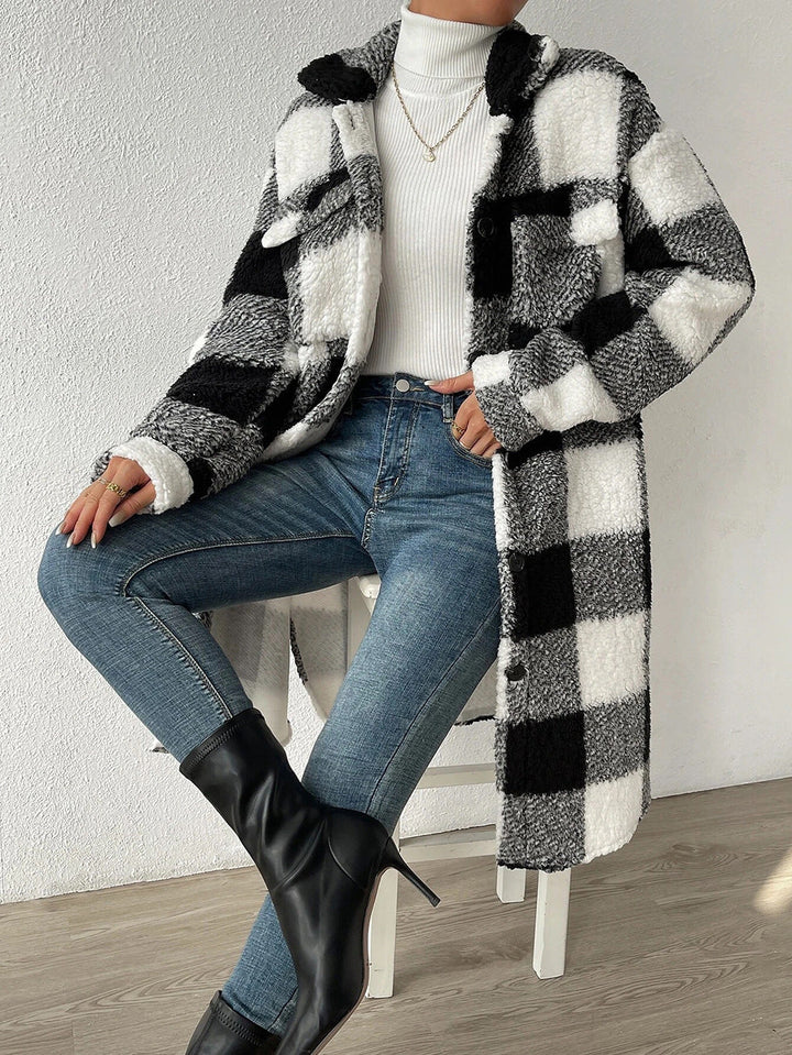 Women's Longline Checked Coat with Pockets