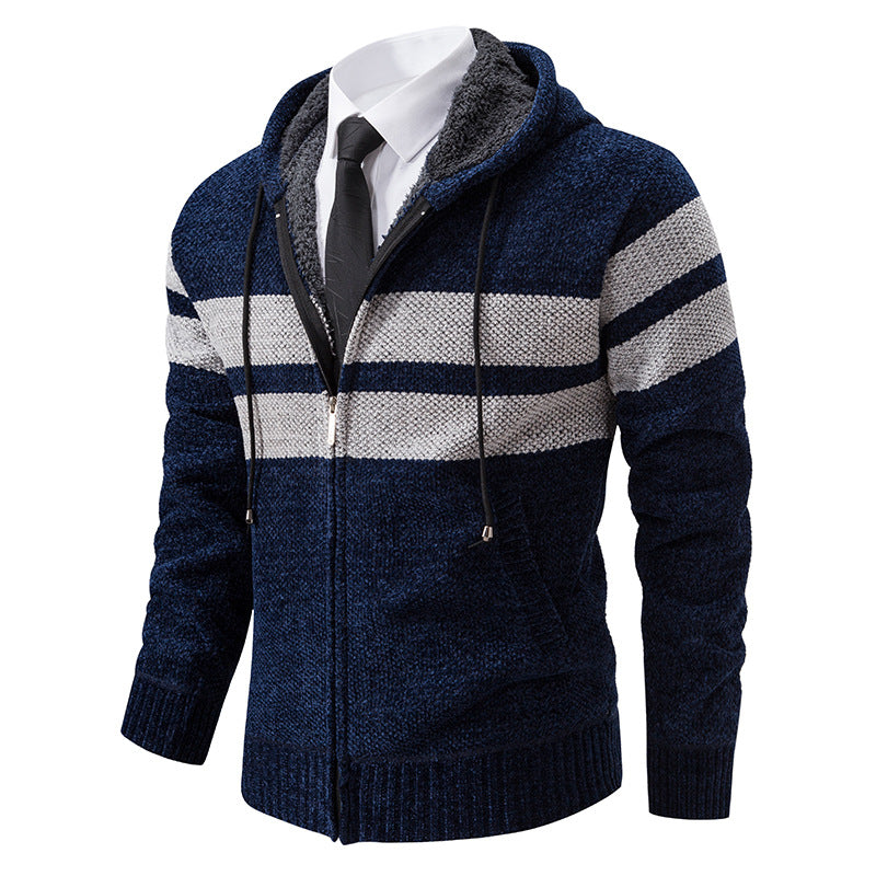 Men's Striped Hooded Jacket with Drawstring and Pockets