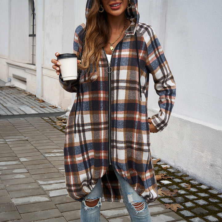 Women's Long Hooded Coat with Check Pattern and Balloon Hem