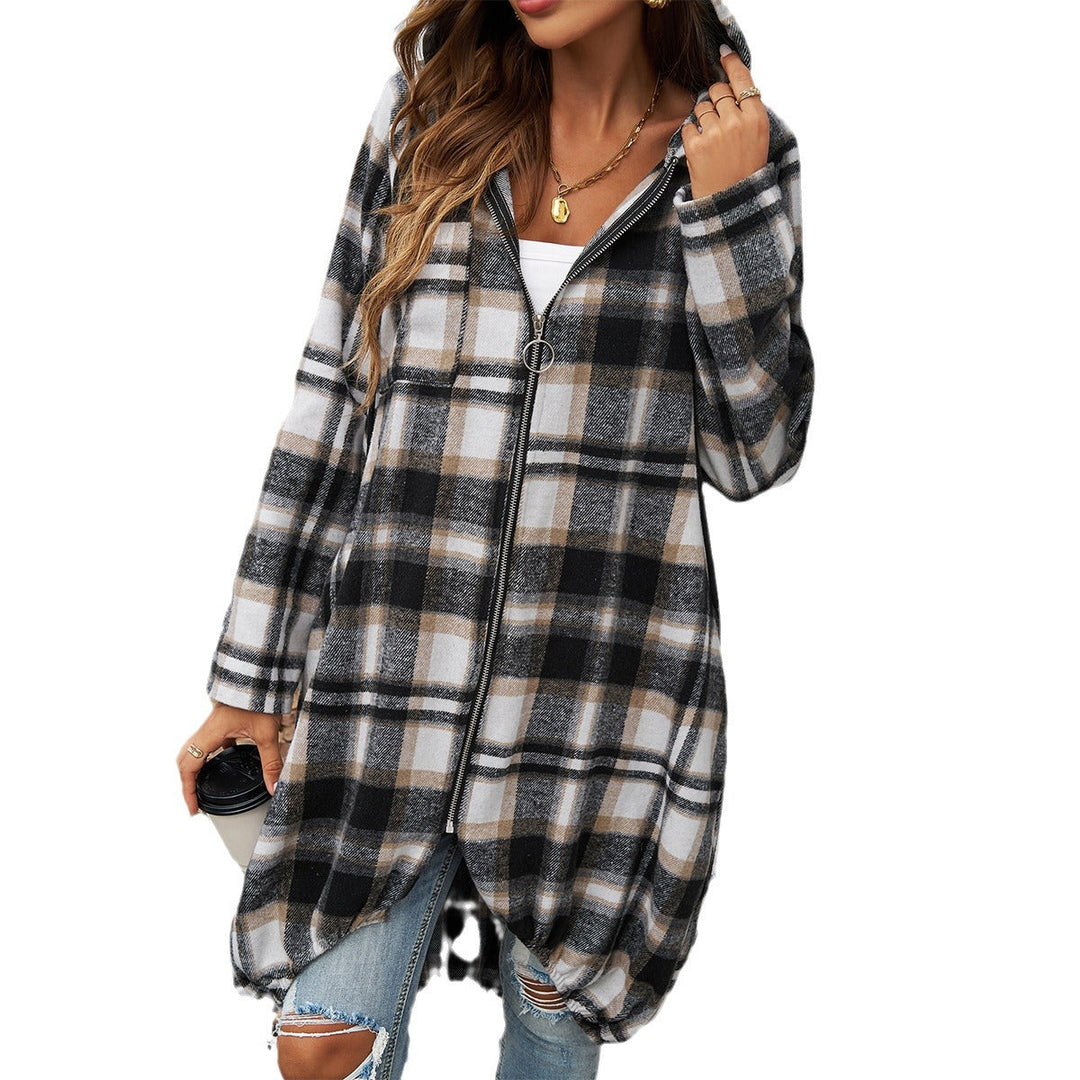 Women's Long Hooded Coat with Check Pattern and Balloon Hem