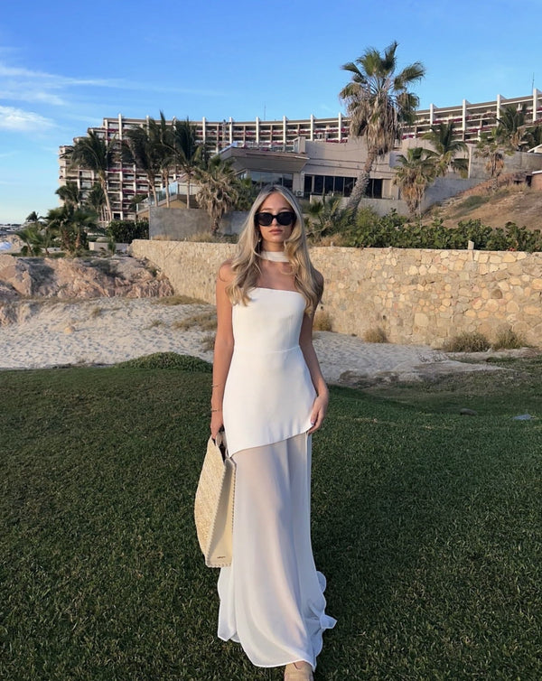 Ariadne - Strapless Patchwork Mesh Asymmetrical Maxi Dress