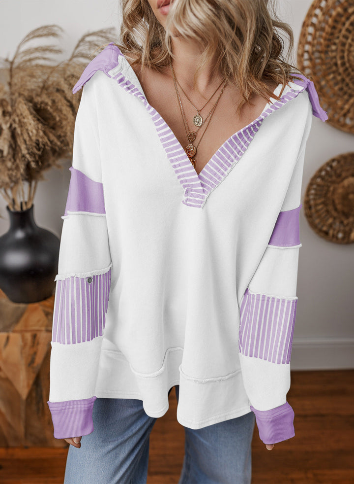 Women's Oversized V-Neck Striped Sweatshirt