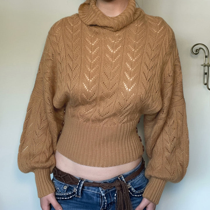 Women's Cropped Long Sleeve Turtleneck Sweater with Buttons