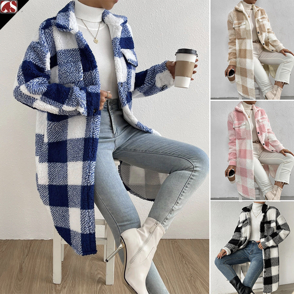 Women's Longline Checked Coat with Pockets