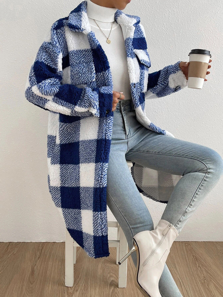 Women's Longline Checked Coat with Pockets