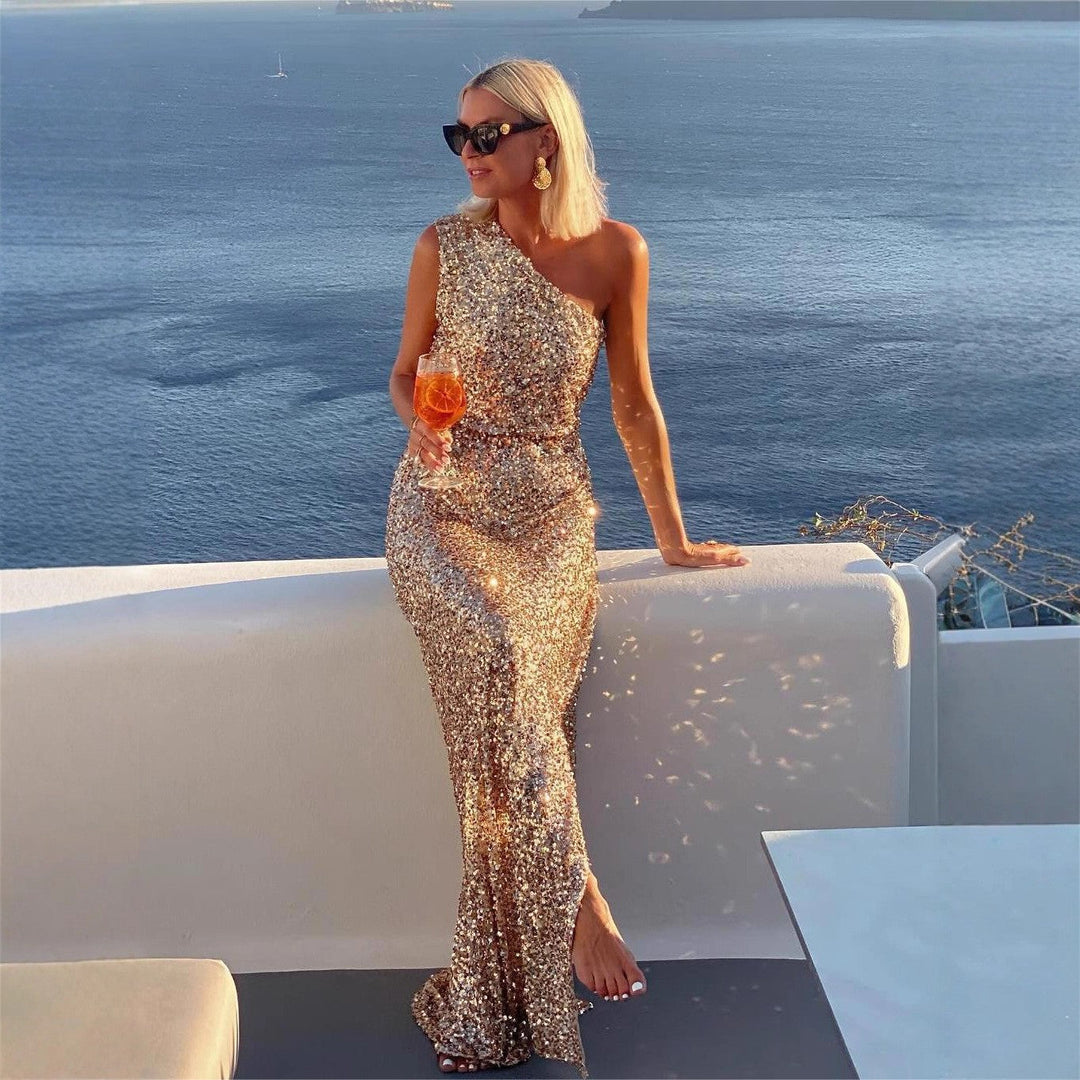 Women's Maxi Dress with Side Slit and Sequins