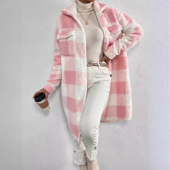 Women's Longline Checked Coat with Pockets