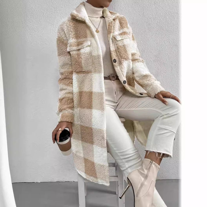 Women's Longline Checked Coat with Pockets