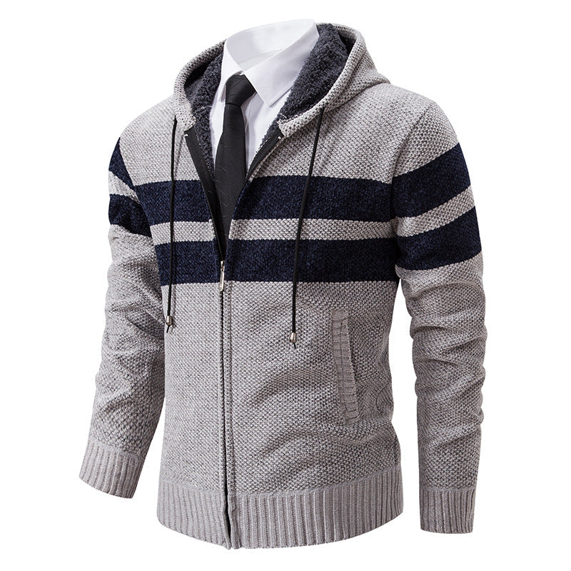 Men's Striped Hooded Jacket with Drawstring and Pockets