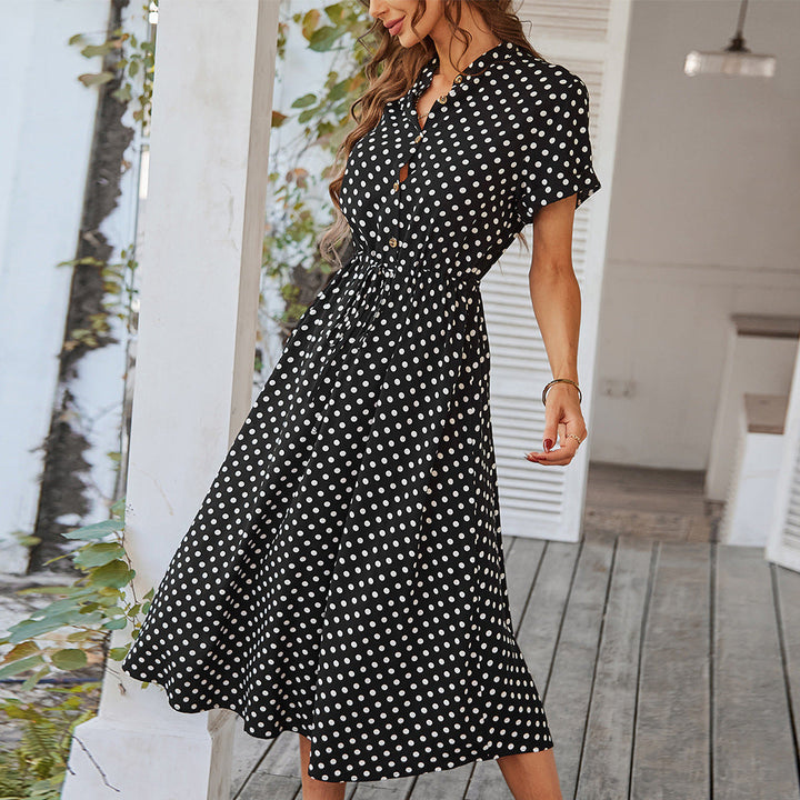 Women's Polka Dot Midi Dress with Buttons and Tie Waist