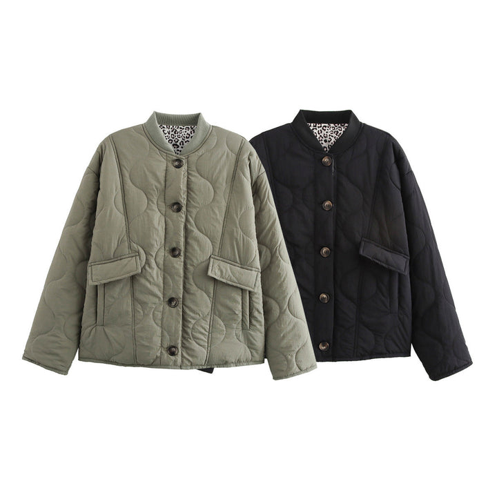 Women's Long Sleeve Round Neck Jacket with Buttons and Pockets
