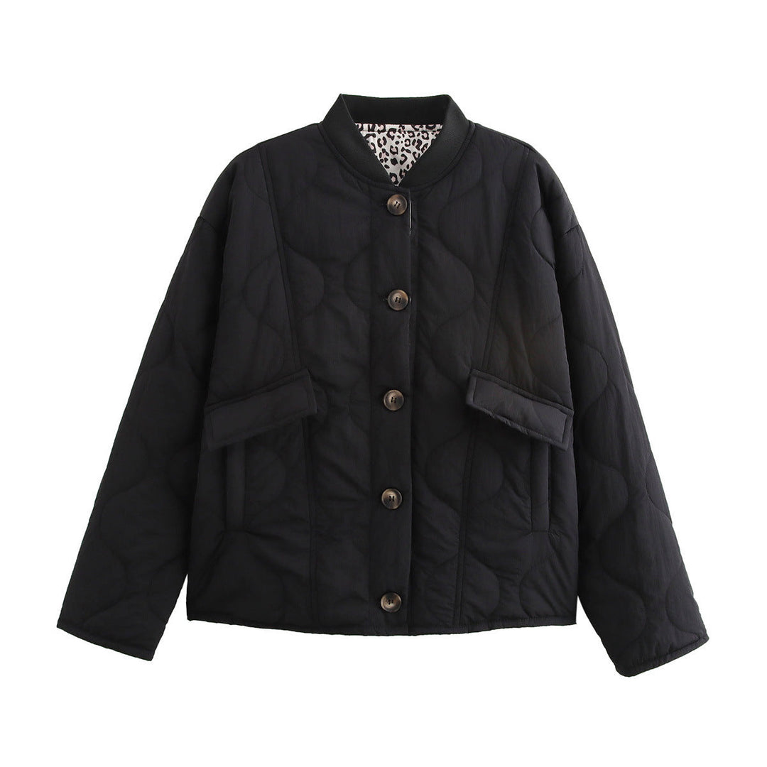 Women's Long Sleeve Round Neck Jacket with Buttons and Pockets