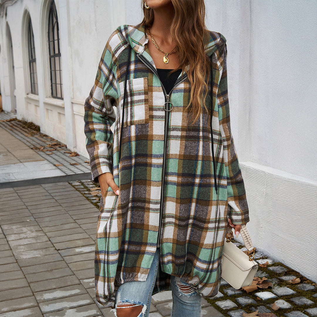 Women's Long Hooded Coat with Check Pattern and Balloon Hem