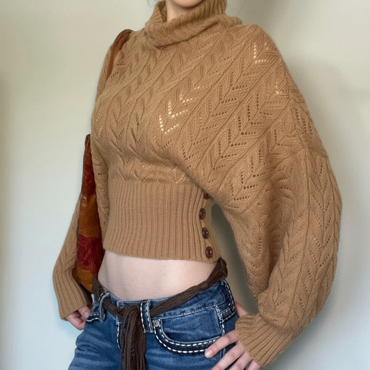 Women's Cropped Long Sleeve Turtleneck Sweater with Buttons
