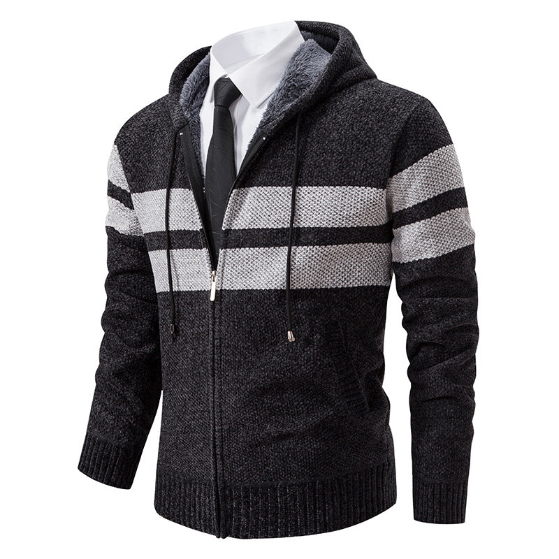 Men's Striped Hooded Jacket with Drawstring and Pockets