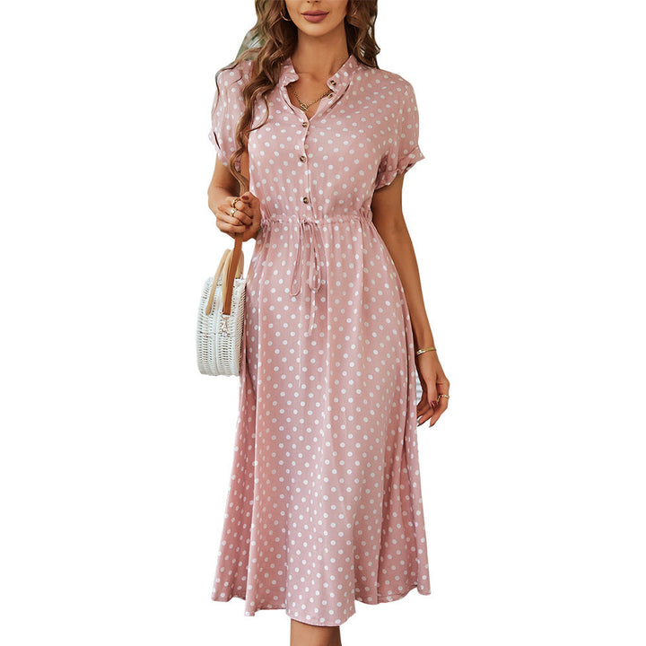 Women's Polka Dot Midi Dress with Buttons and Tie Waist