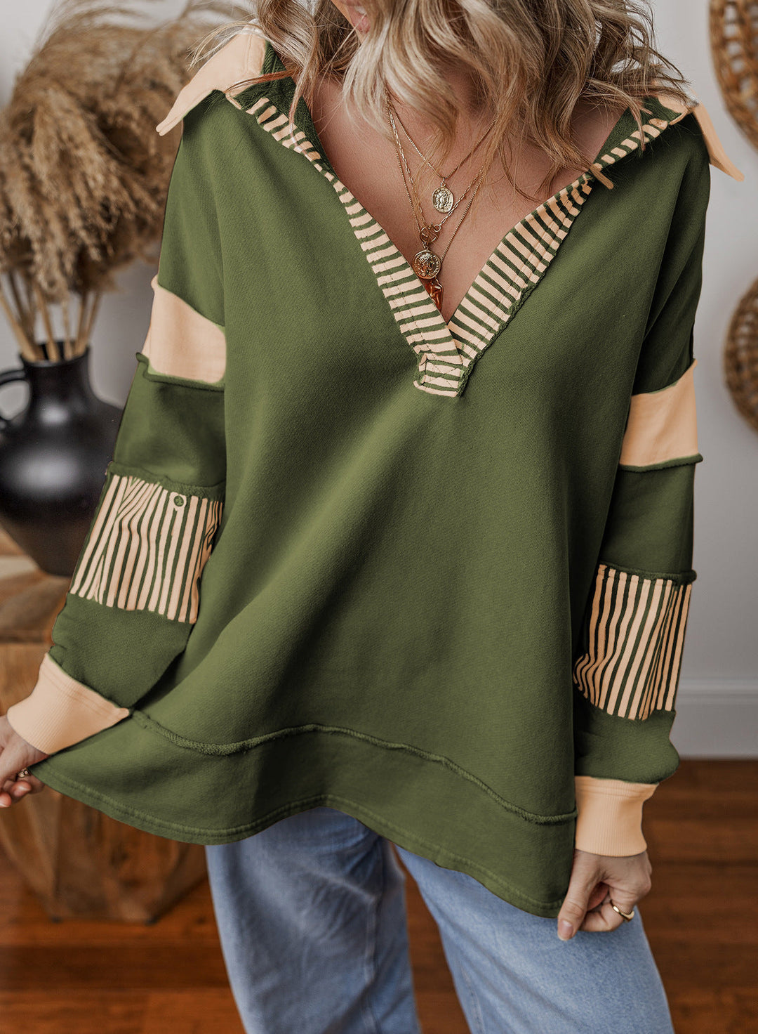 Women's Oversized V-Neck Striped Sweatshirt