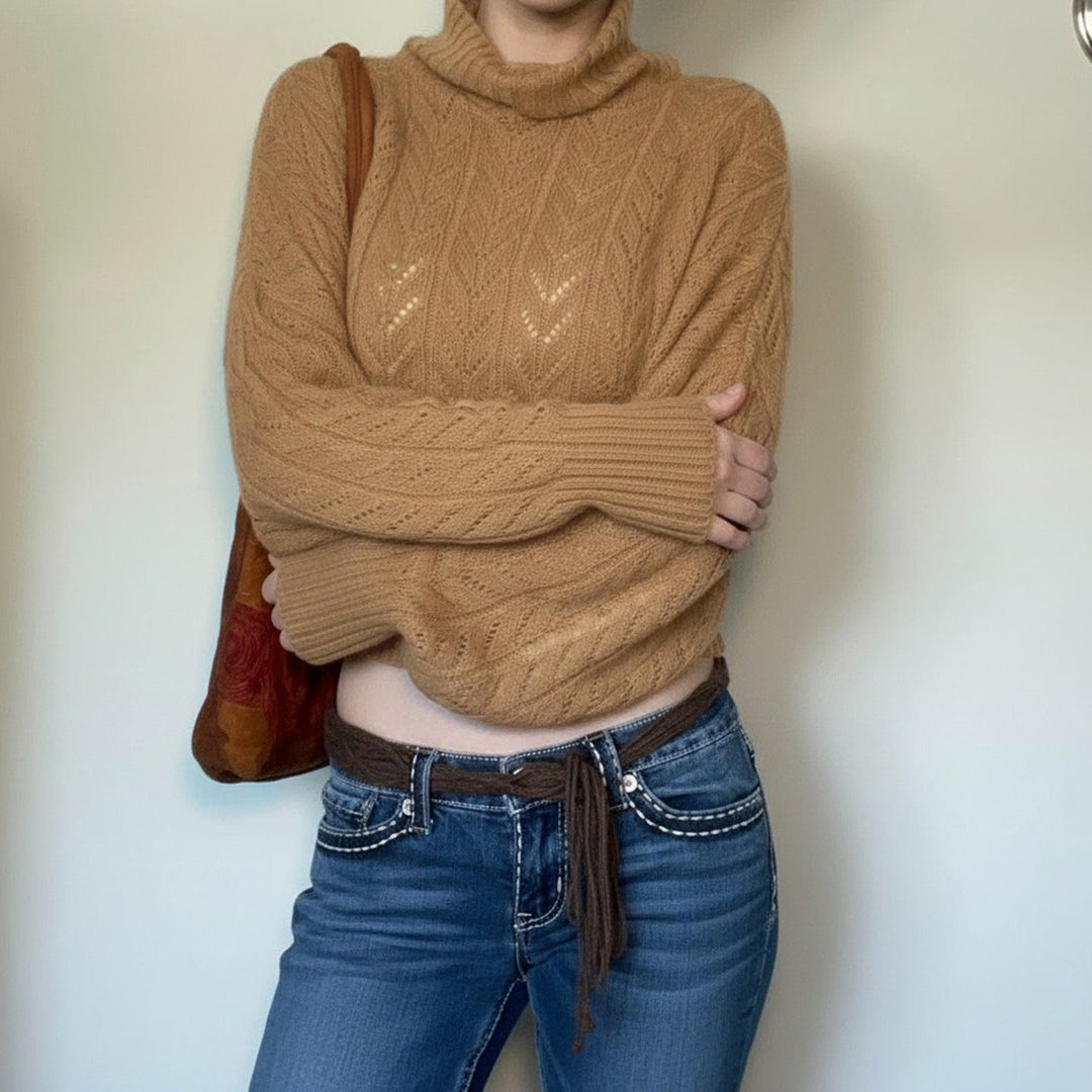 Women's Cropped Long Sleeve Turtleneck Sweater with Buttons