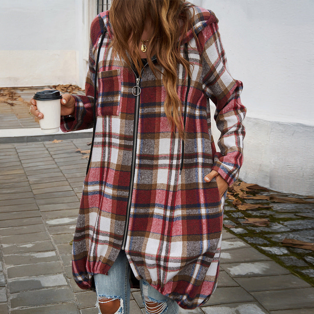 Women's Long Hooded Coat with Check Pattern and Balloon Hem