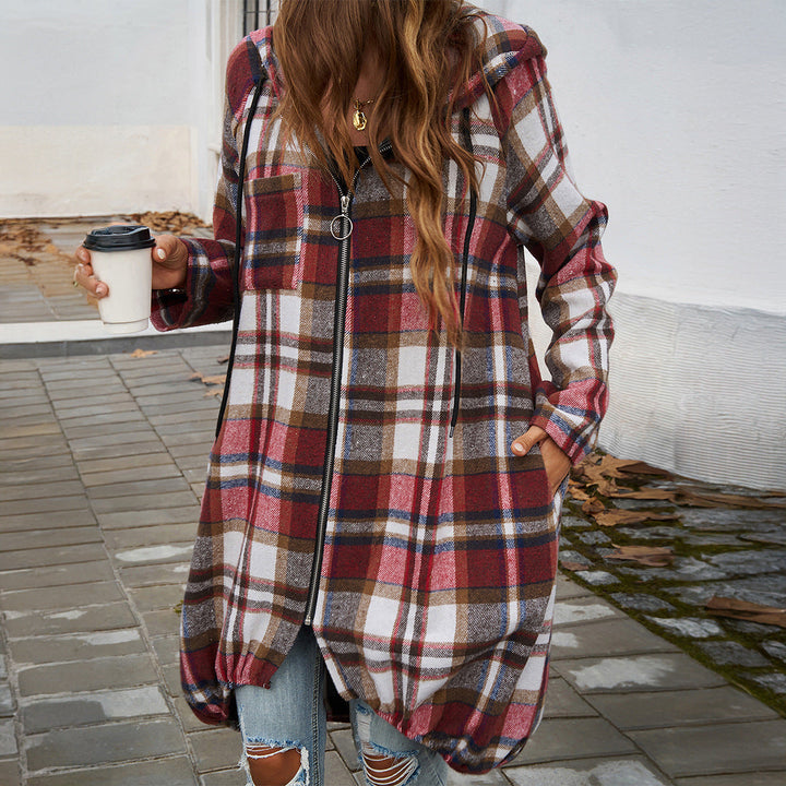 Women's Long Hooded Coat with Check Pattern and Balloon Hem