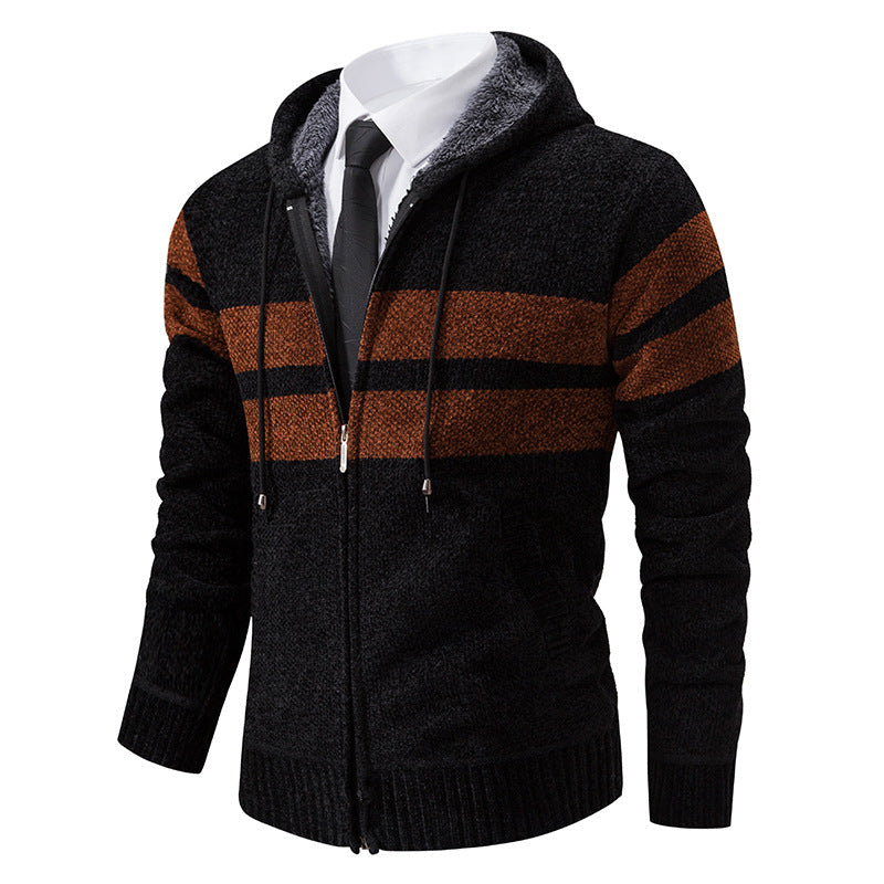 Men's Striped Hooded Jacket with Drawstring and Pockets