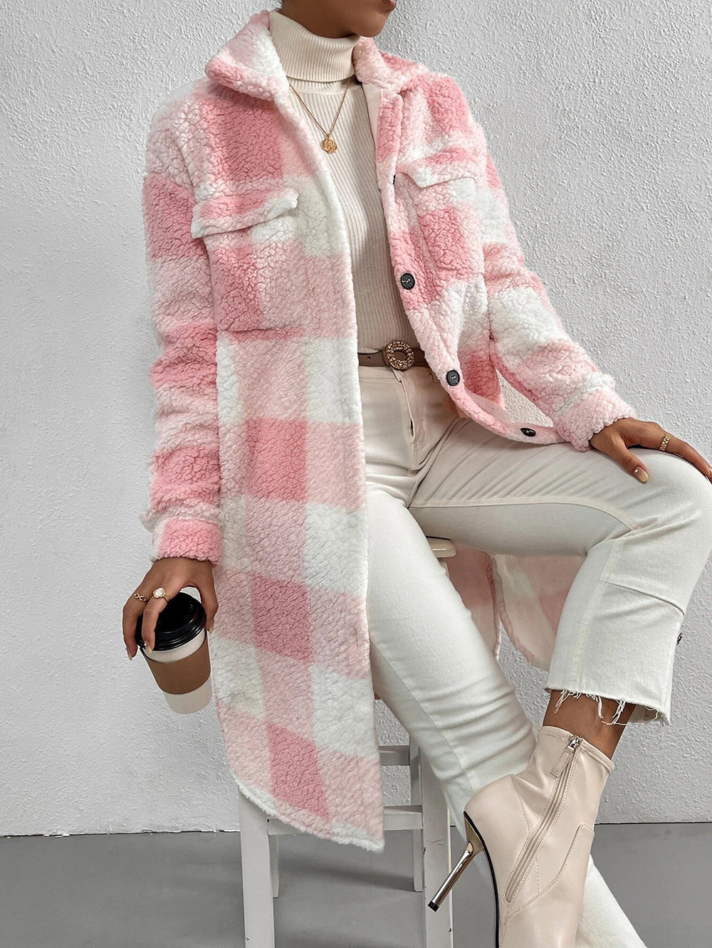 Women's Longline Checked Coat with Pockets