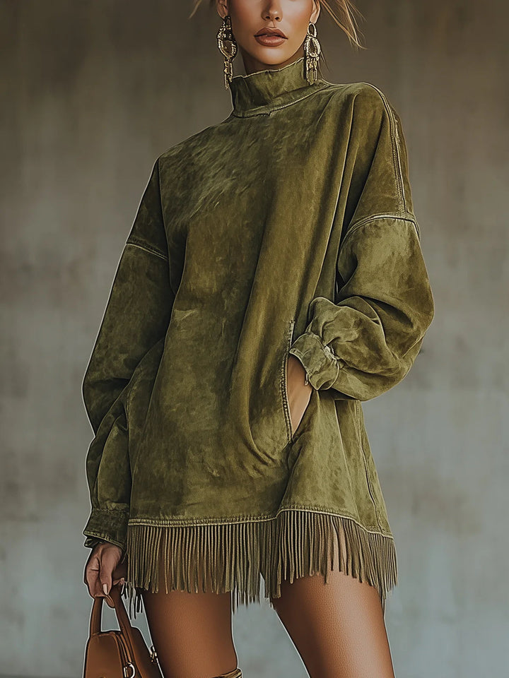 Mara | Women's Relaxed Turtleneck Mini Cozy Fringe Dress